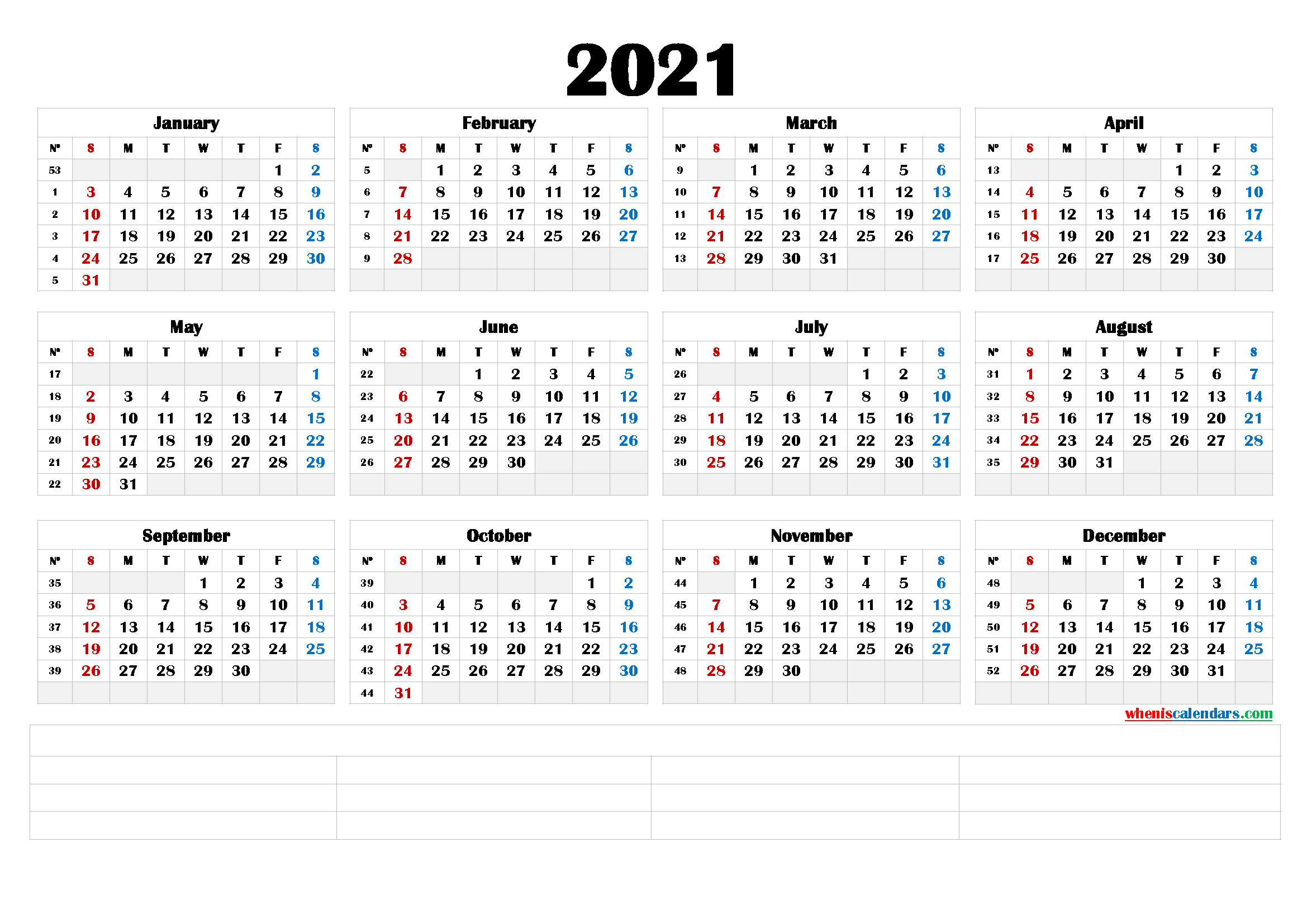 2021 Printable Yearly Calendar With Week Numbers (6 Templates)-2021 Calendar Template
