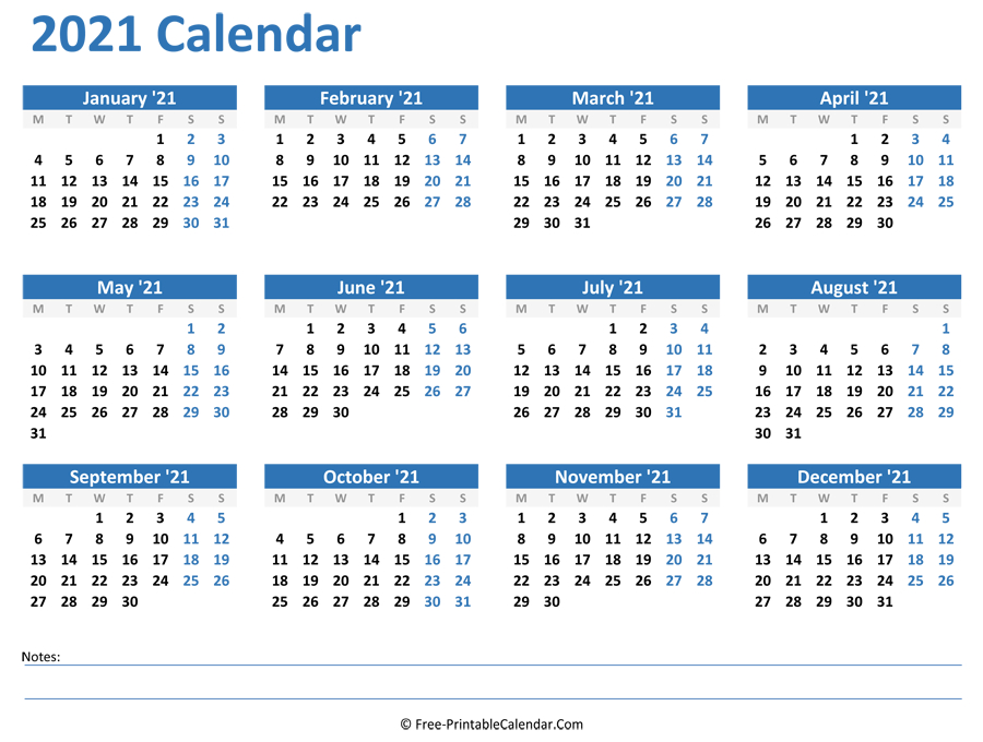 2021 Yearly Calendar-12 Month 2021 Calendar Template For Word