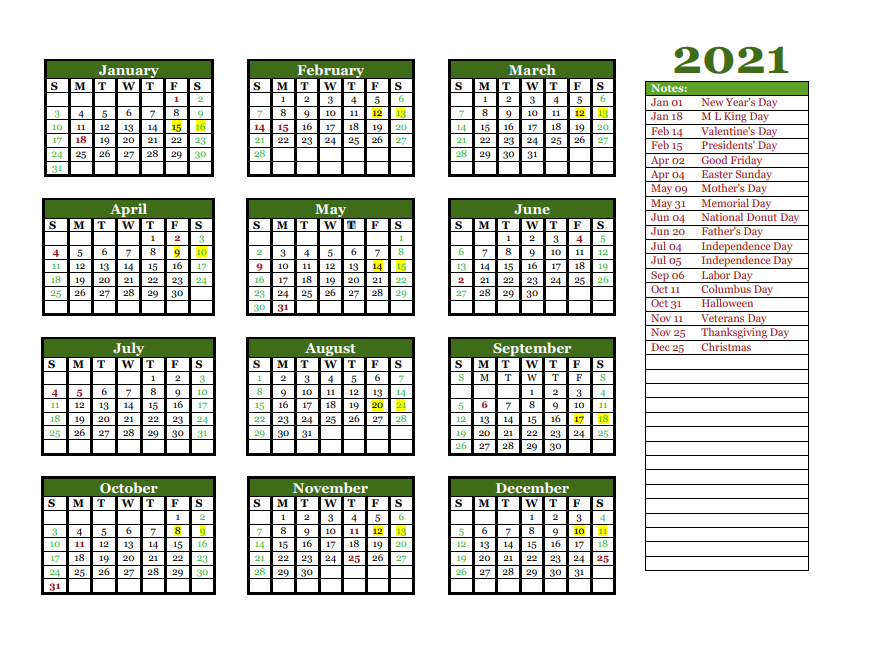 2021 Yearly Calendar Printable | Calendar 2021-2021 Annual Calendar Printable
