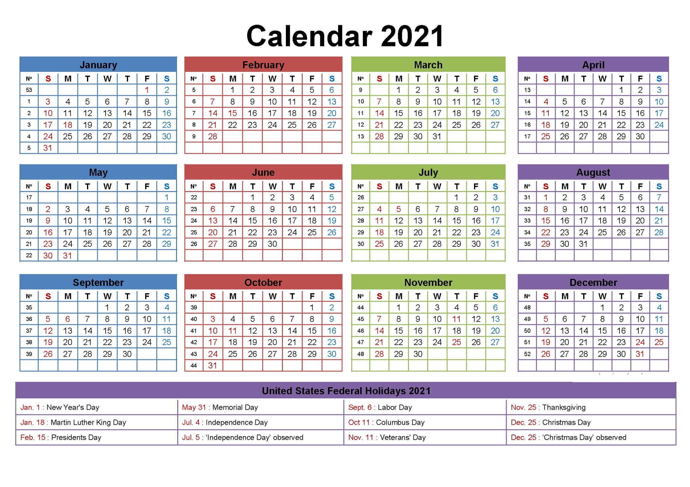 2021 Yearly Calendar With Holidays Templates | 101 Activity-2021- 2021 School Calendar Editable Template