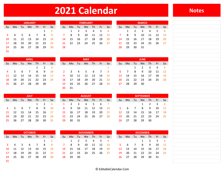 2021 Yearly Calendar With Notes-2021 Yearly Calendar Printable Free With Notes