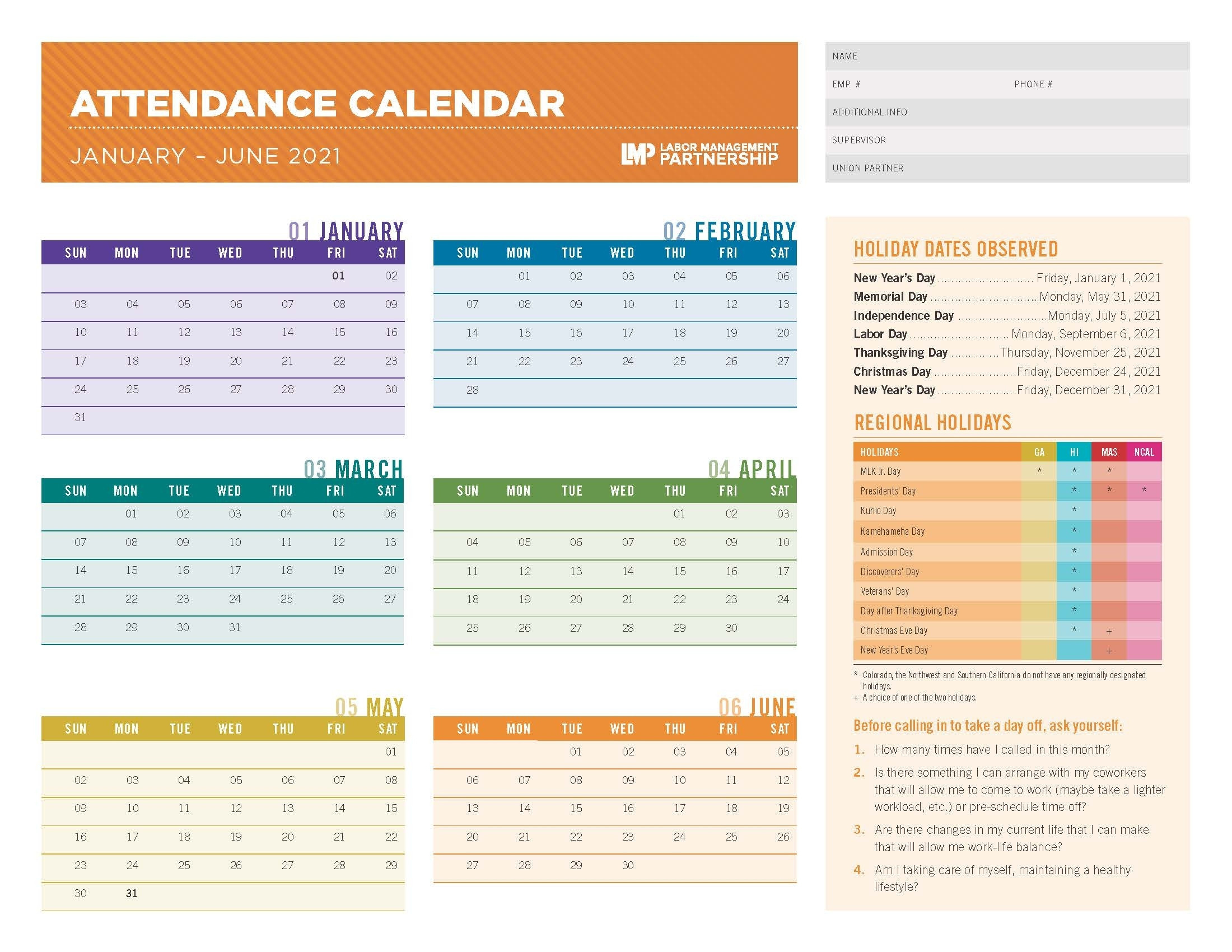 Absentee Calendar 2021 - Calendar Inspiration Design-Downloadable 2021 Employee Vacation Schedule