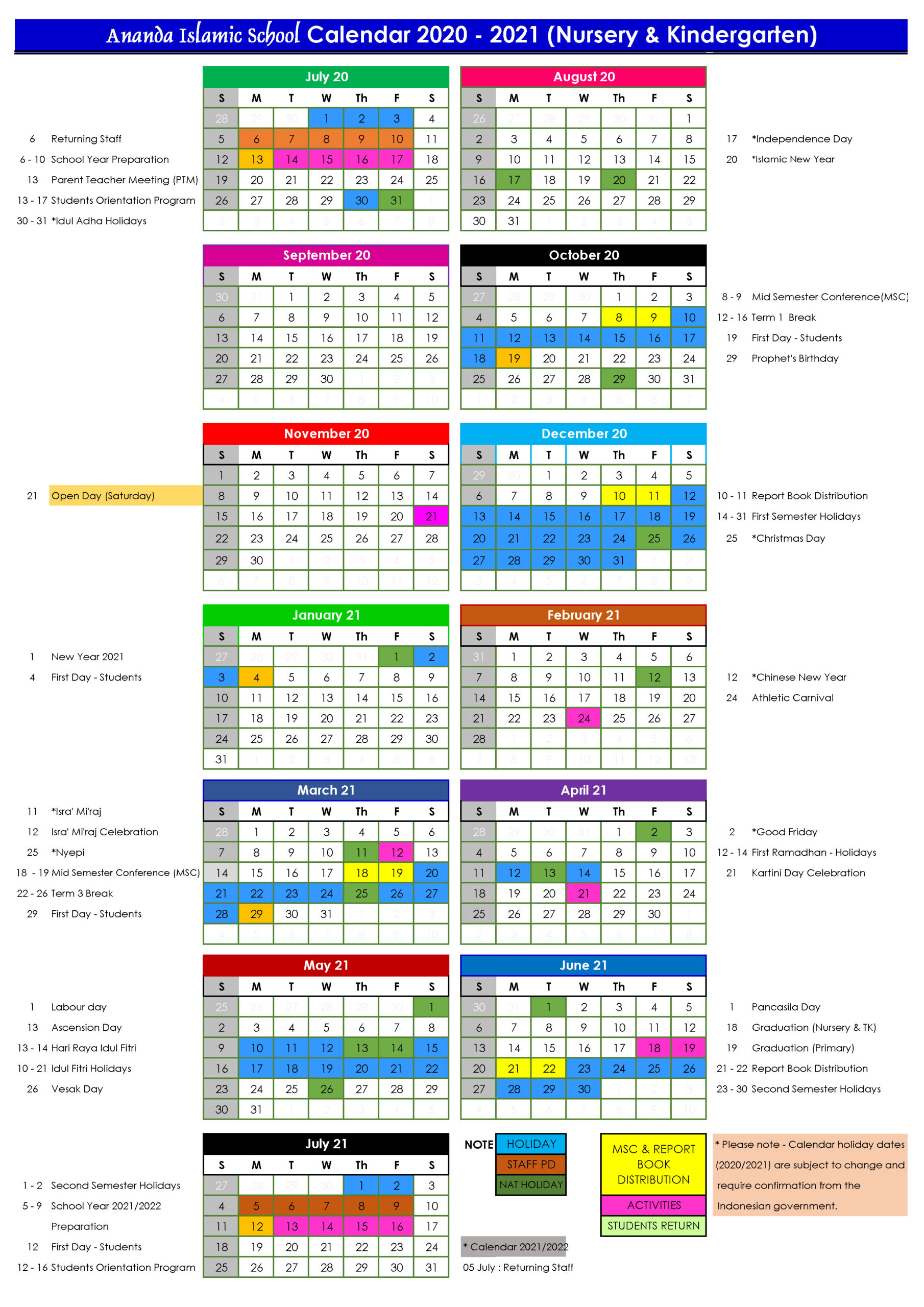Academic Calendar 2020-2021 Nursery &amp; Kindergarten-Islamic Festivals And Holidays 2021
