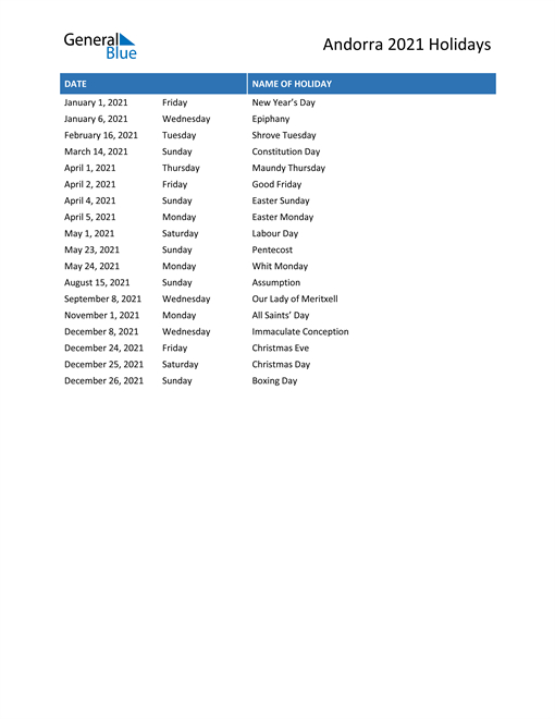 Andorra Holidays 2021 In Pdf, Word And Excel-Excel List Of Holidays 2021