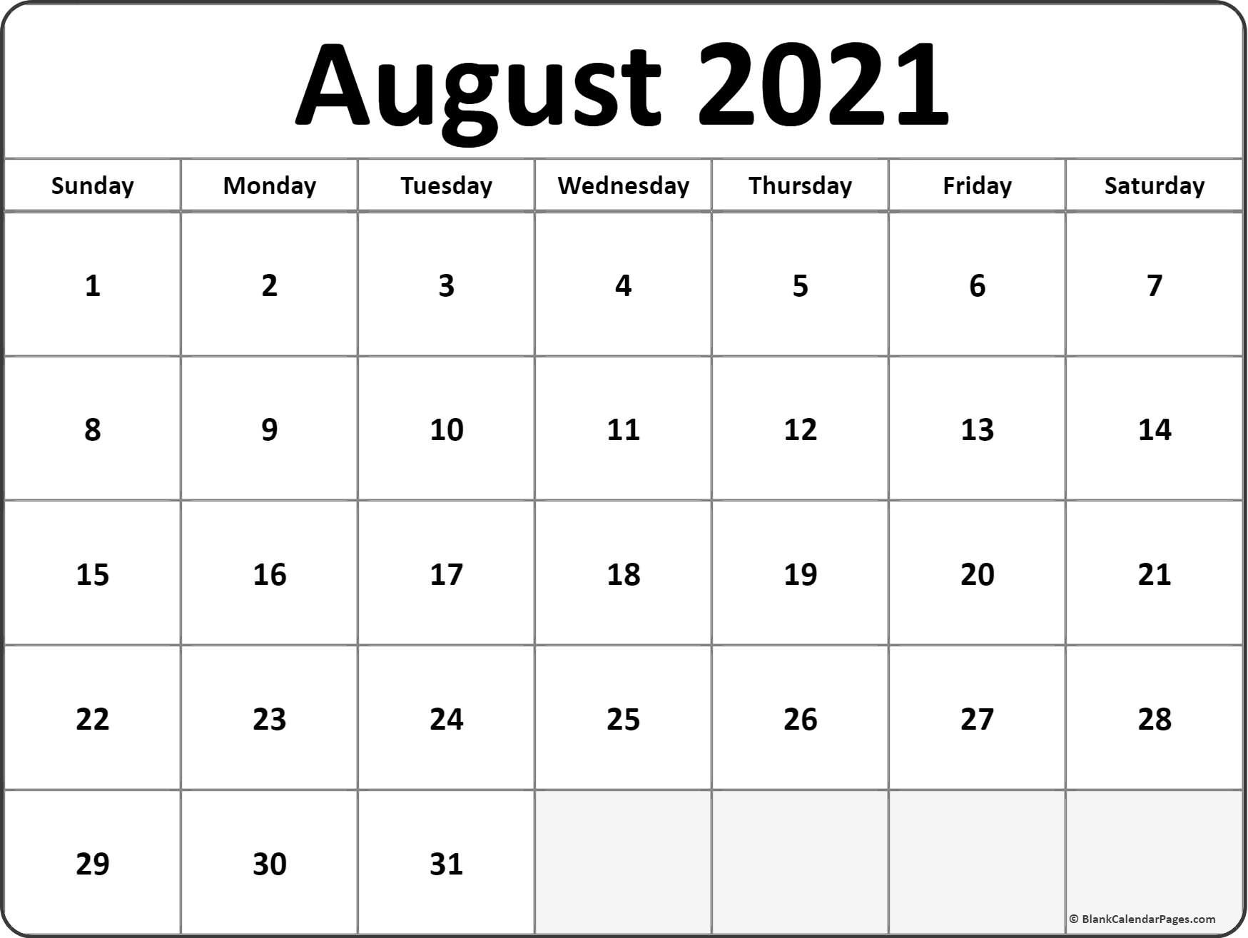 August 2021 Blank Calendar Templates.-Blank Calendars 2021 Printable