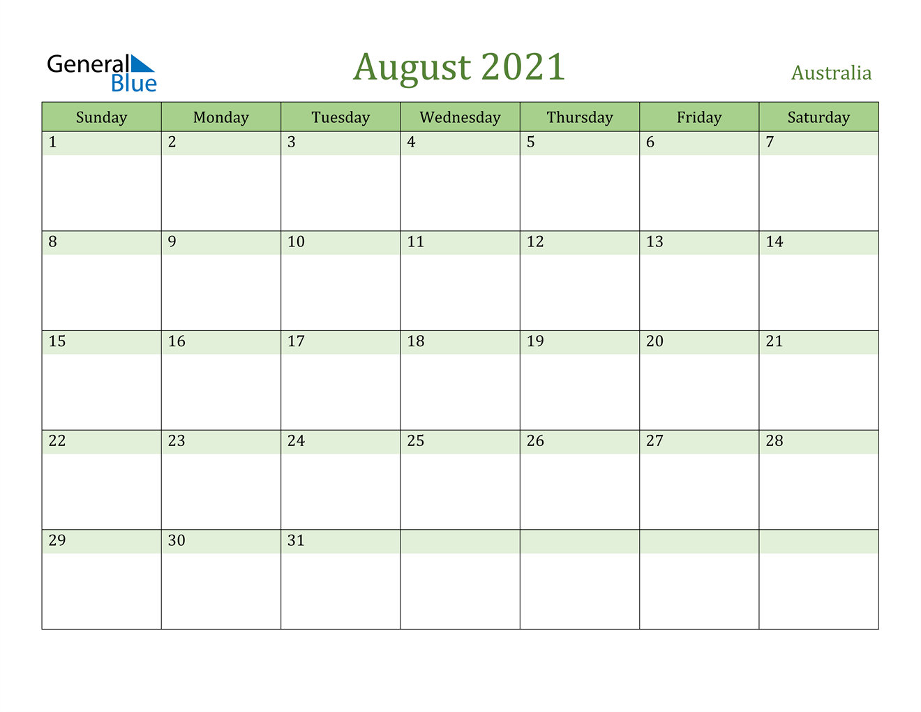 August 2021 Calendar - Australia-August 2021 Calendar Print