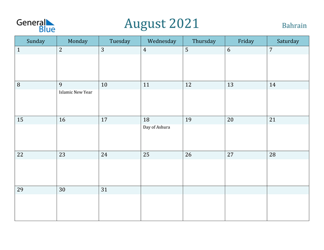 August 2021 Calendar - Bahrain-August 2021 Calendar Printable