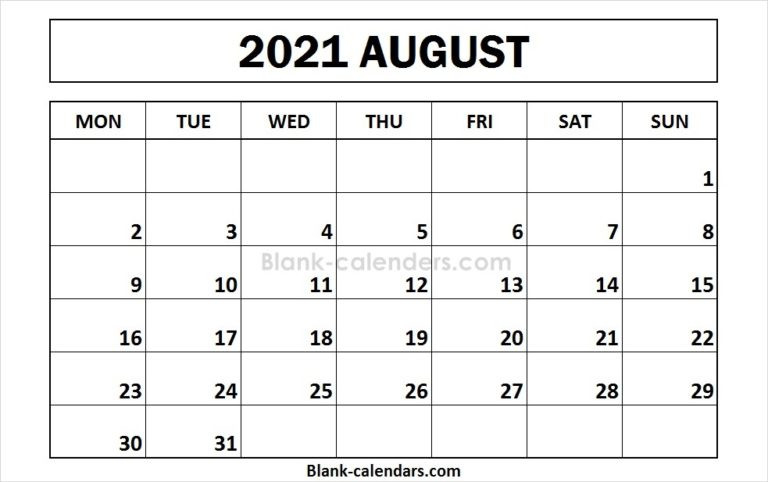 August 2021 Calendar Monday Start Design | Print Free-August 2021 Calendar Monday Thru Friday
