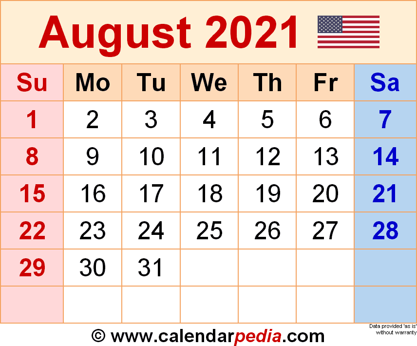 August 2021 Calendar | Templates For Word, Excel And Pdf-August 2021 Calendar Printable