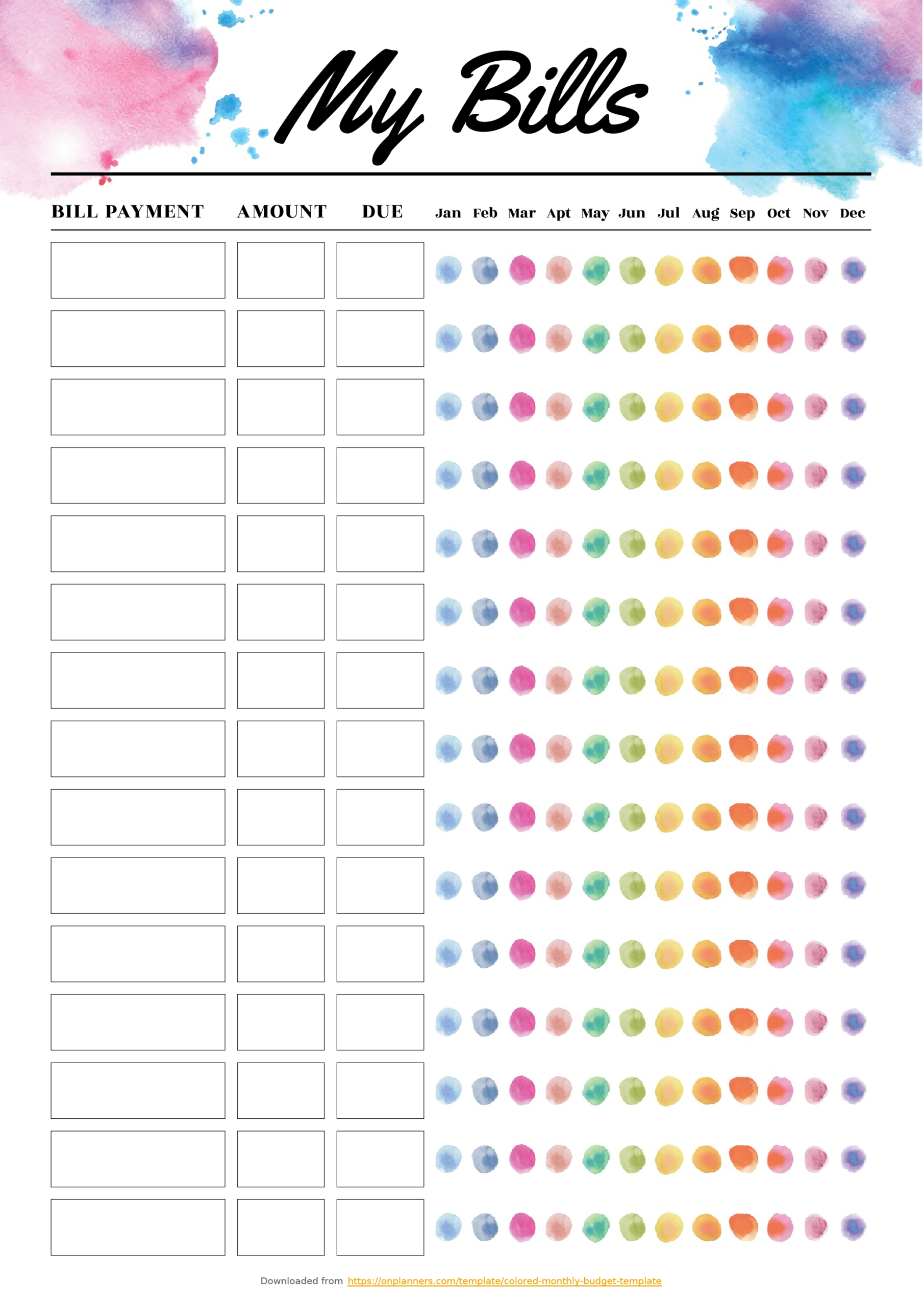 Blank Bill Calendar Printable Colorful - Calendar-Printable Bill Payment Calendar 2021