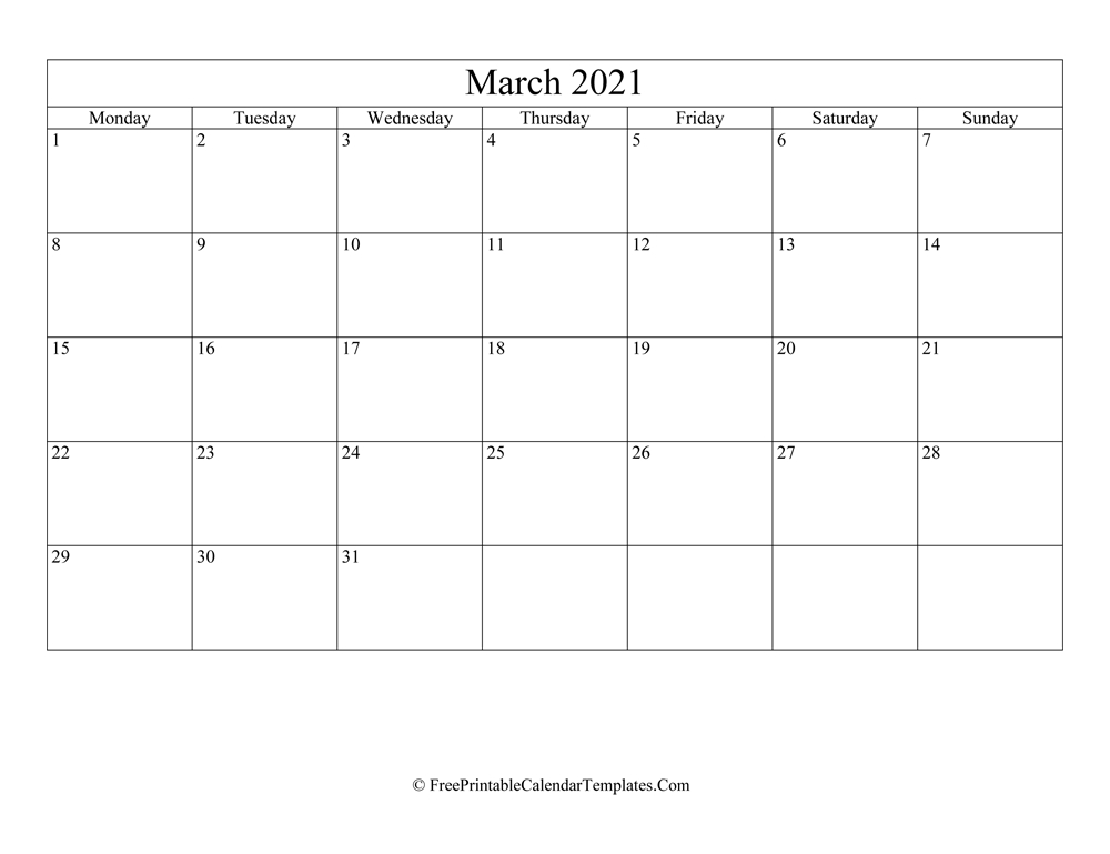 Blank Editable March Calendar 2021 (Landscape)-Free 2021 Editable Monthly Calendar Templates