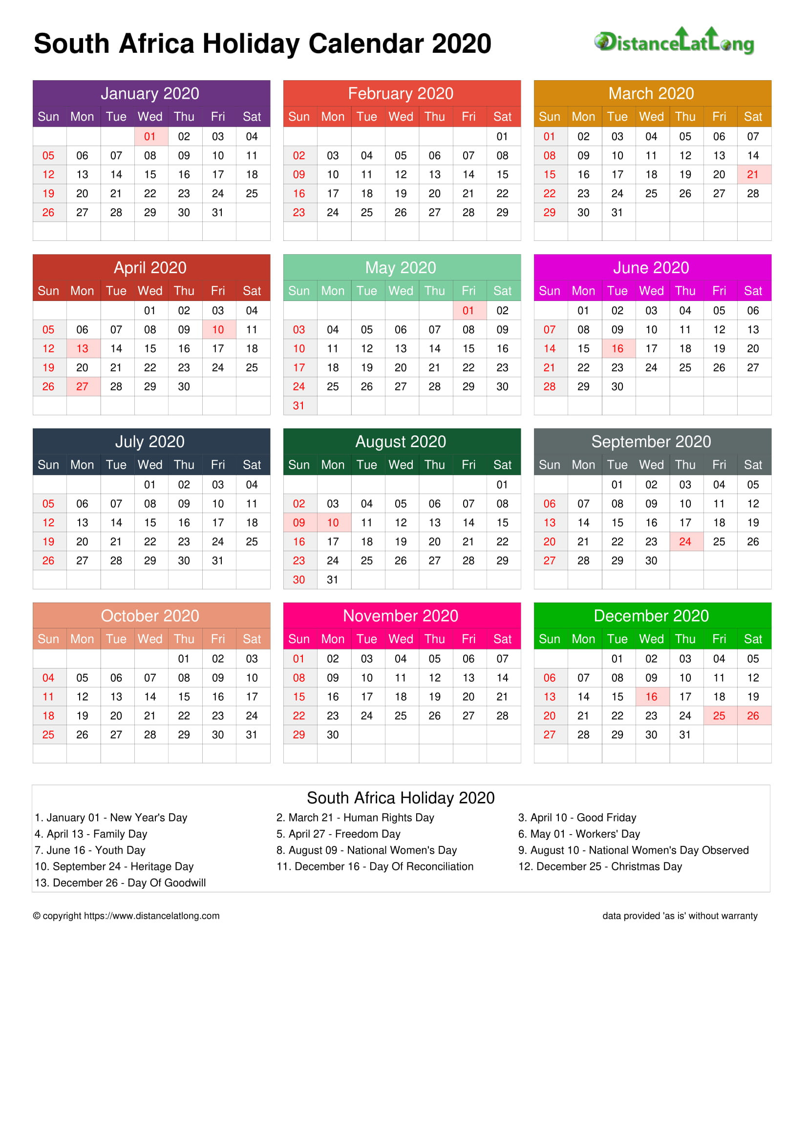 Calendar Horizontal Multi Color Grid Sunday To Saturday-2021 Calendar Sa Public Holidays