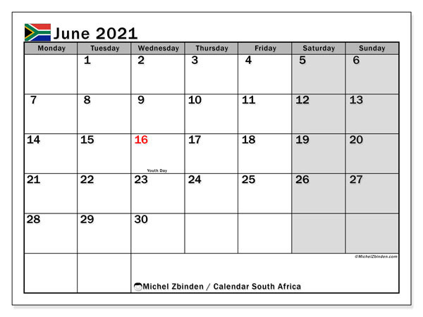 Calendar June 2021 - South Africa - Michel Zbinden En-2021 Calendar Sa Public Holidays