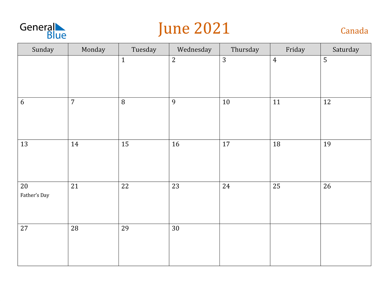 Canada June 2021 Calendar With Holidays-June 2021 Calendar