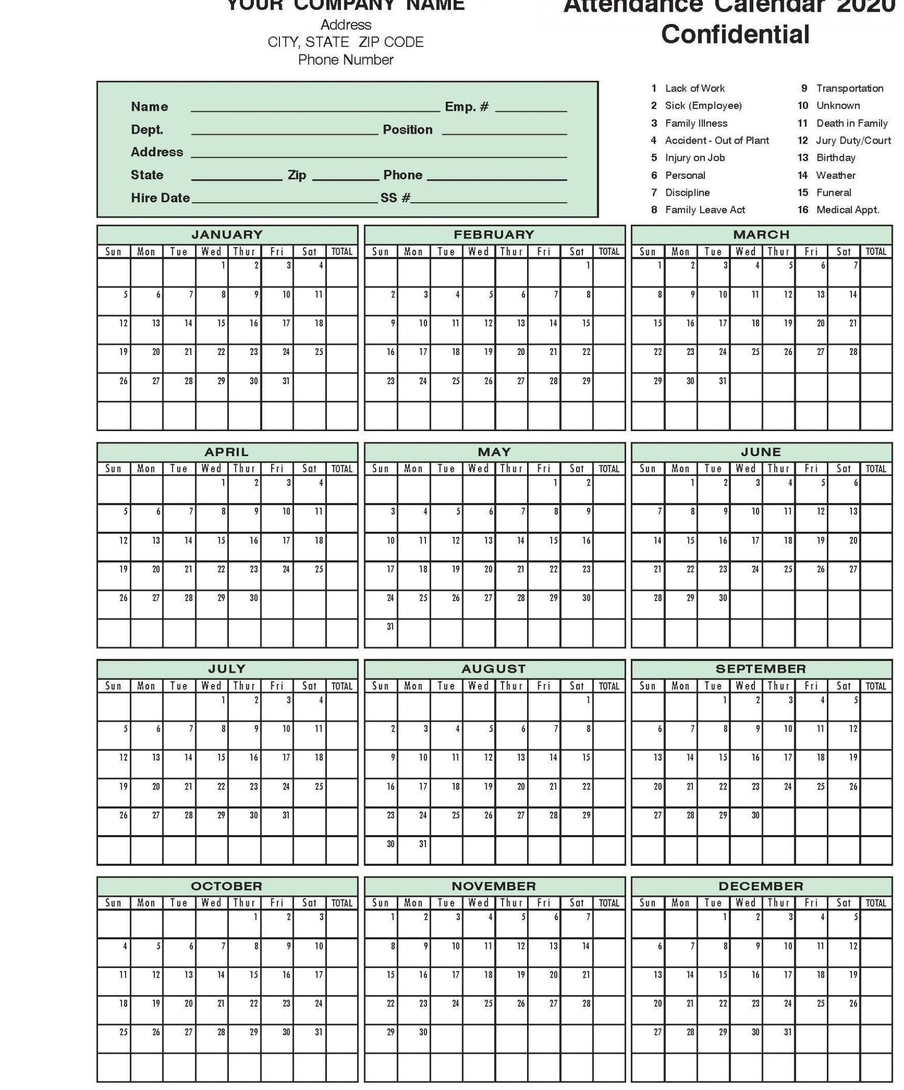 Employee Attendance Calendar 2021 Calendar Template Printable