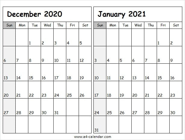Dec 2020 Jan 2021 Printable A4 Calendar - Dec 2020 Calendar-January Through December 2021 Calendar