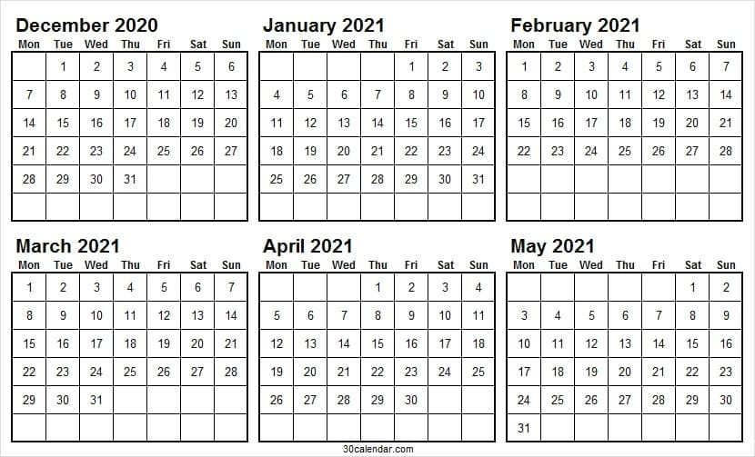 December 2020 To May 2021 Calendar Excel - Editable Templates-May 2021 Excel Vacation