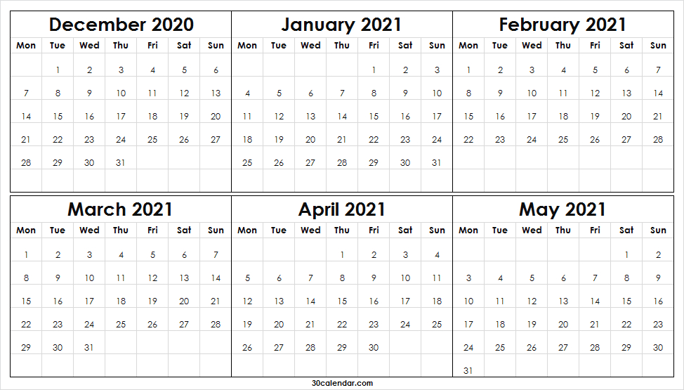 December 2020 To May 2021 Calendar Excel - Editable Templates-May 2021 Excel Vacation
