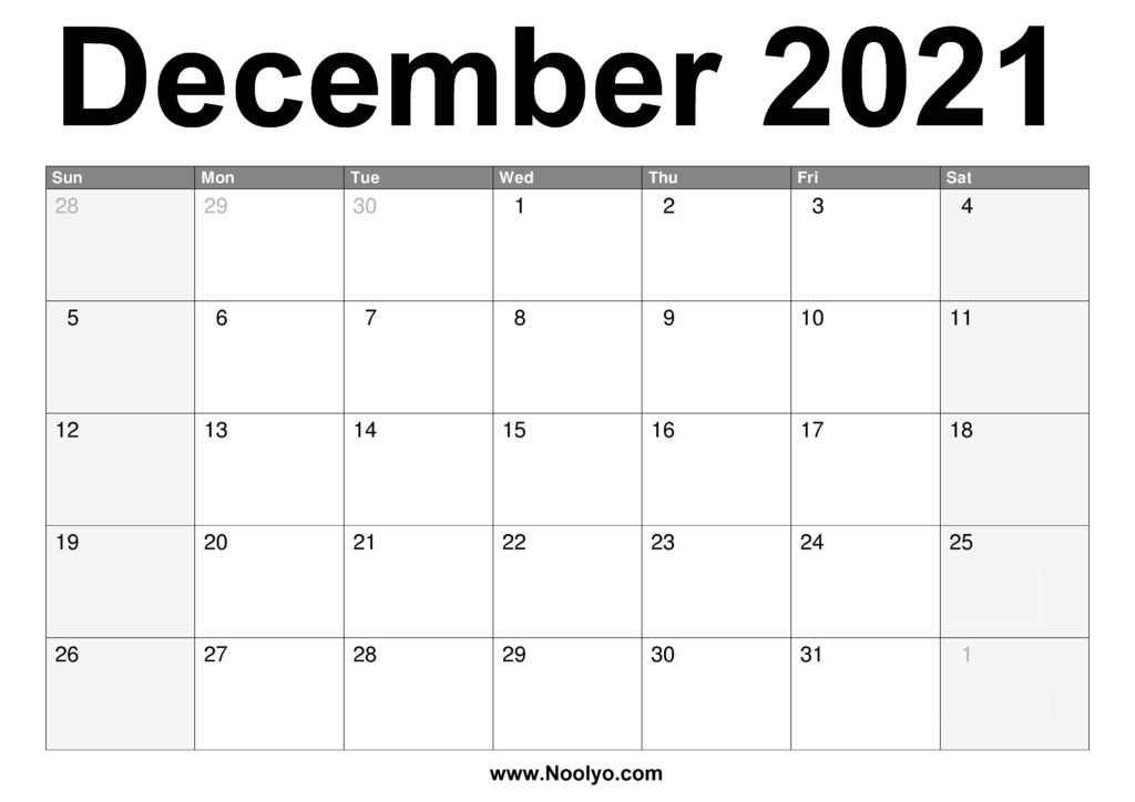 December 2021 Calendar Printable - Free Download - Noolyo-January Through December 2021 Calendar