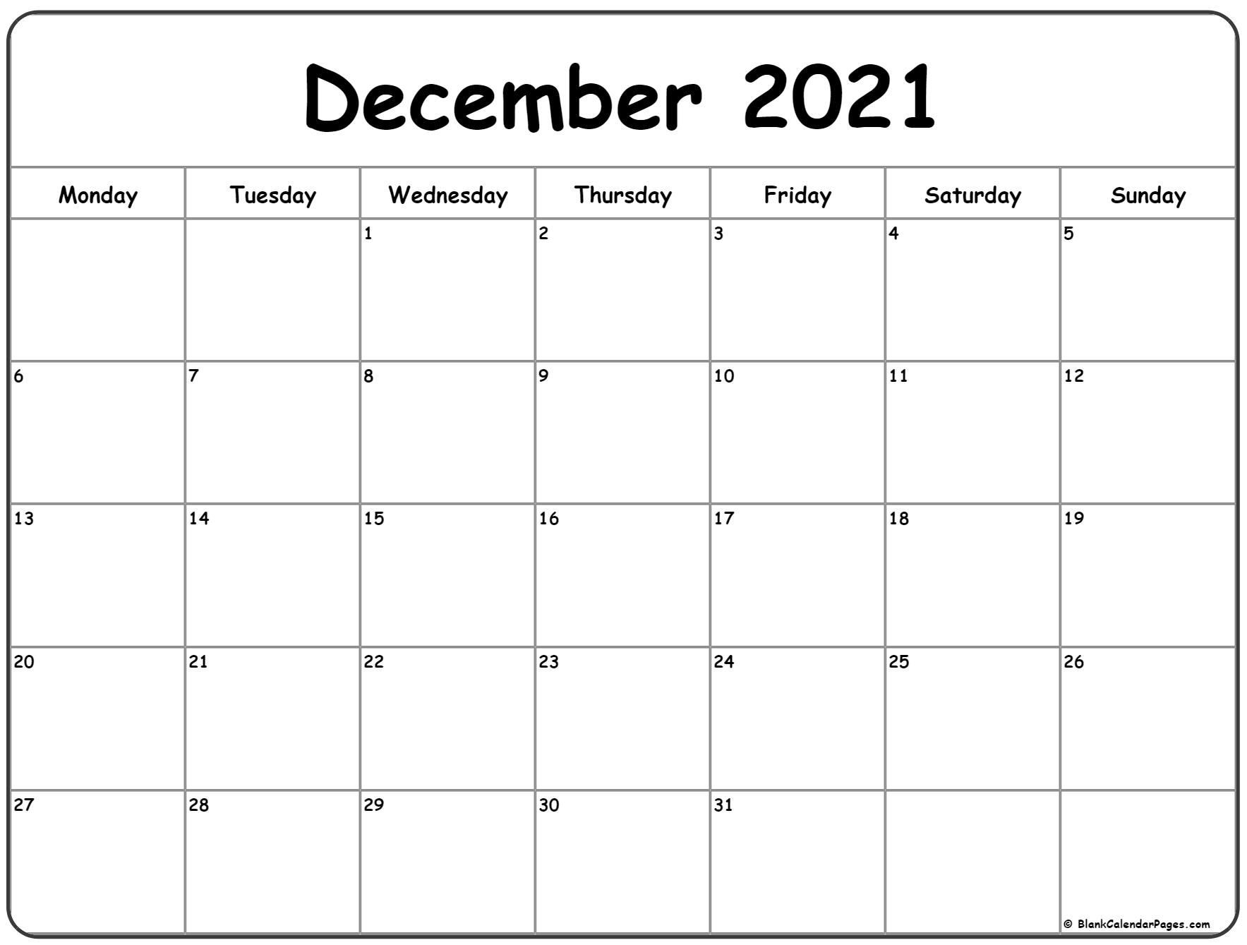 December 2021 Monday Calendar | Monday To Sunday ในปี 2020-Monday Through Friday Calendar July 2021