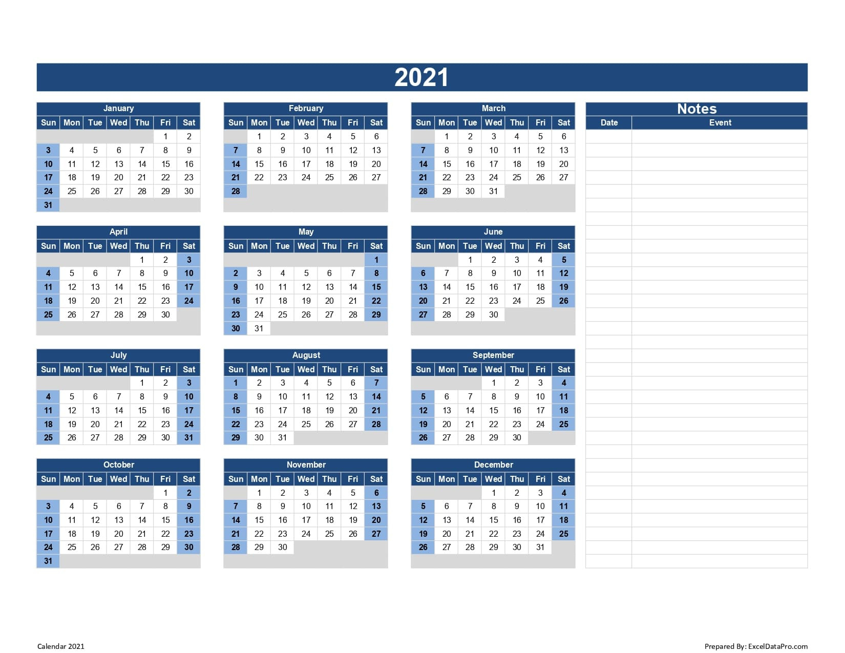 Download 2021 Yearly Calendar (Sun Start) Excel Template-2021 Yearly Calendar Printable