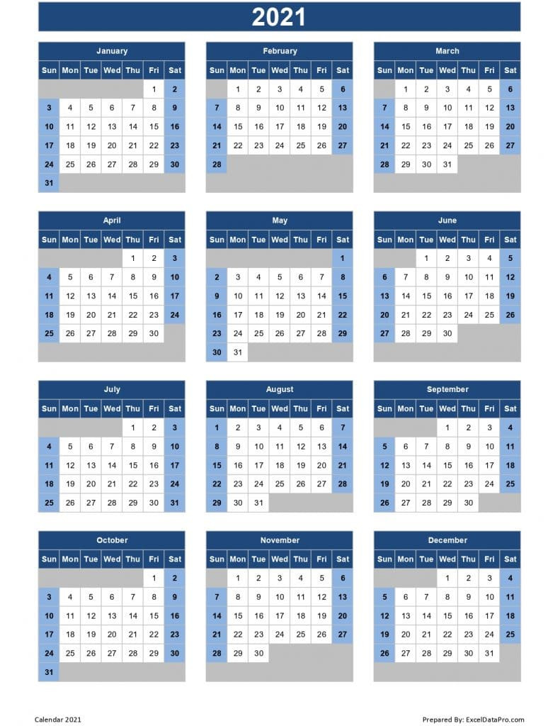 Download 2021 Yearly Calendar (Sun Start) Excel Template-2021 Yearly Calendar Printable
