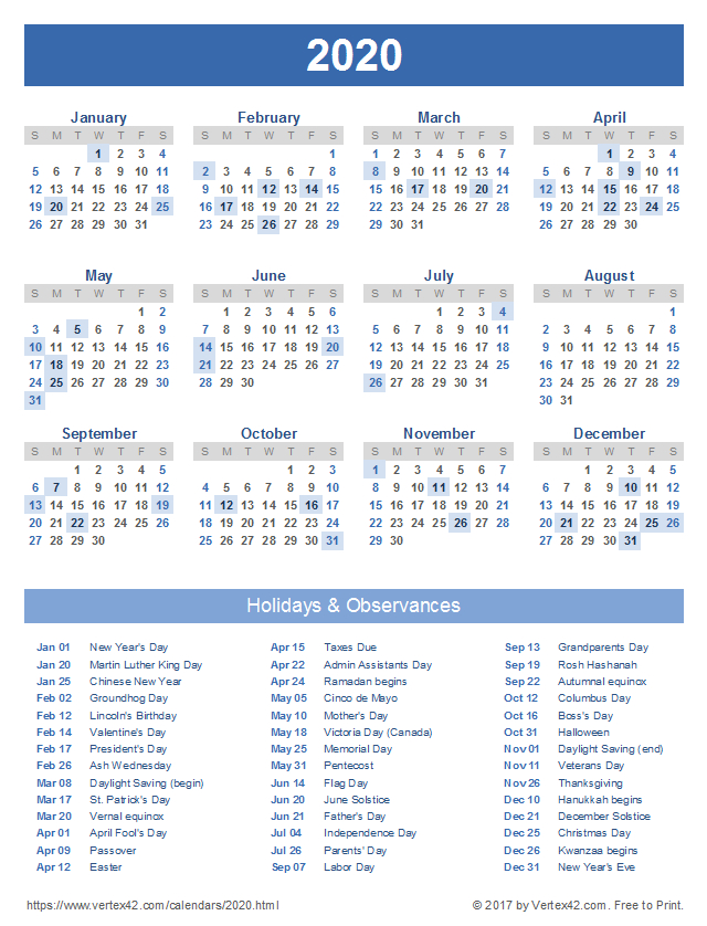 Excel List Of Holidays 2020 Calendar Template Printable - Riset