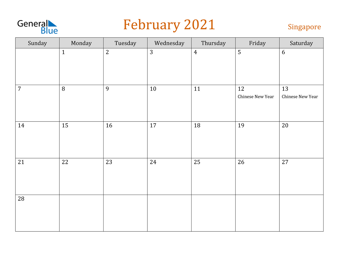 February 2021 Calendar - Singapore-February 2021 Calendar