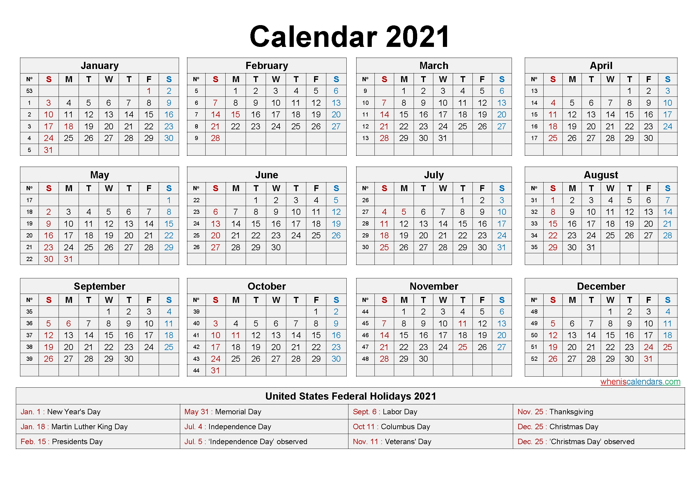 Federal Holidays 2021 Calendar - Example Calendar Printable-2021 Calendar With Holidays Printable Free