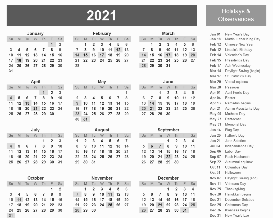 Federal Holidays 2021 Calendar - Example Calendar Printable-Printable Calendar 2021 With Major Holidays