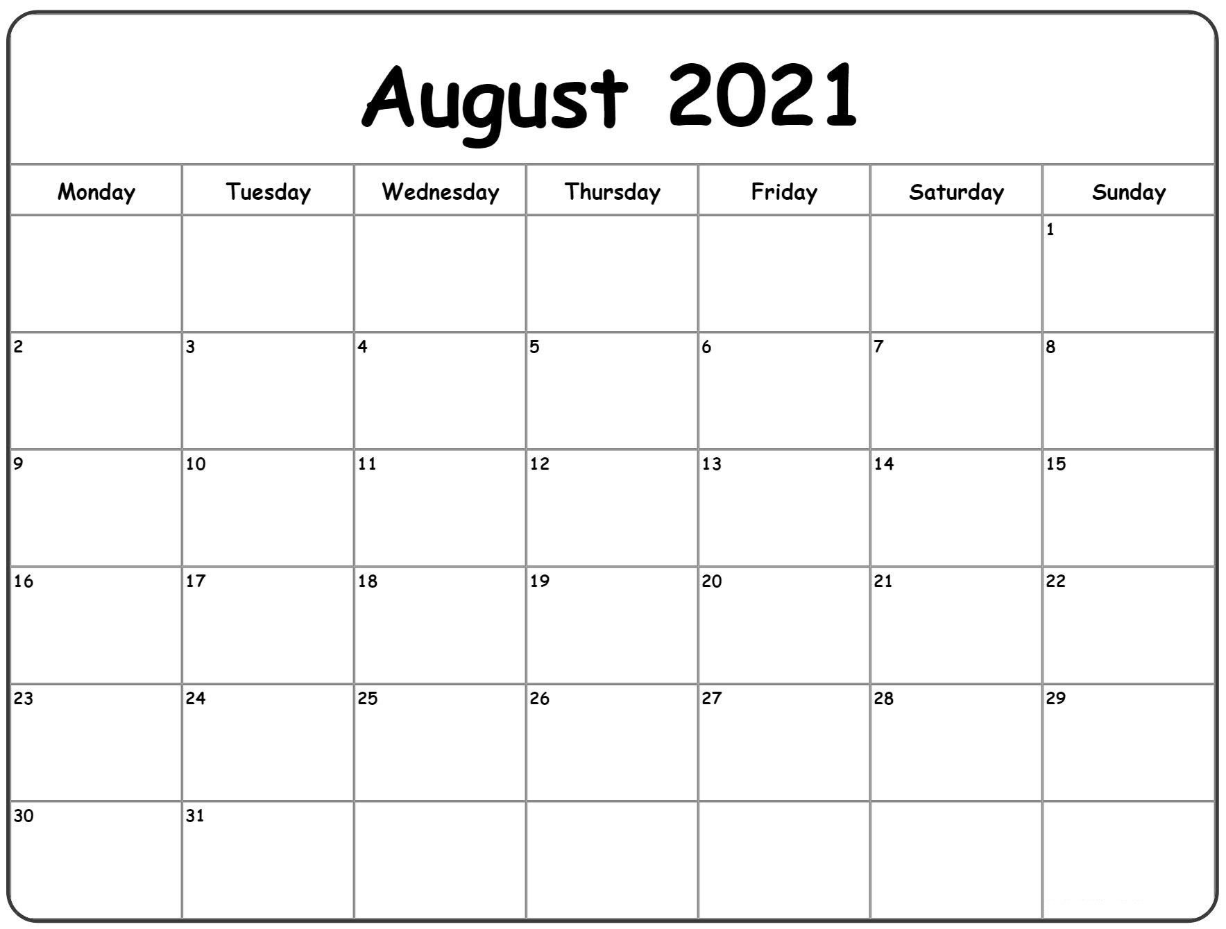 Fill In Blank August 2021 Calendar | Best Calendar Example-2021 Fill In Calendar