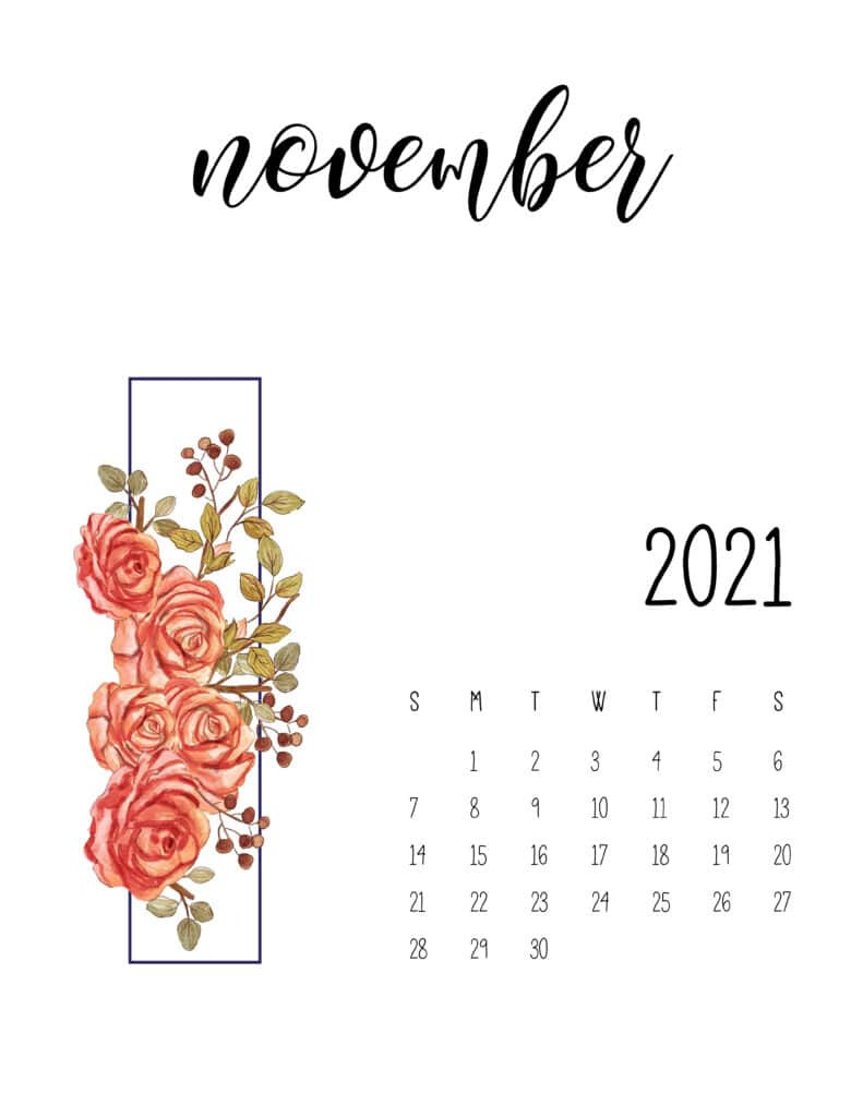 Floral 2021 Calendar Printable - World Of Printables-Free 81/2 X 11 Printable Blank Calendar November 2021