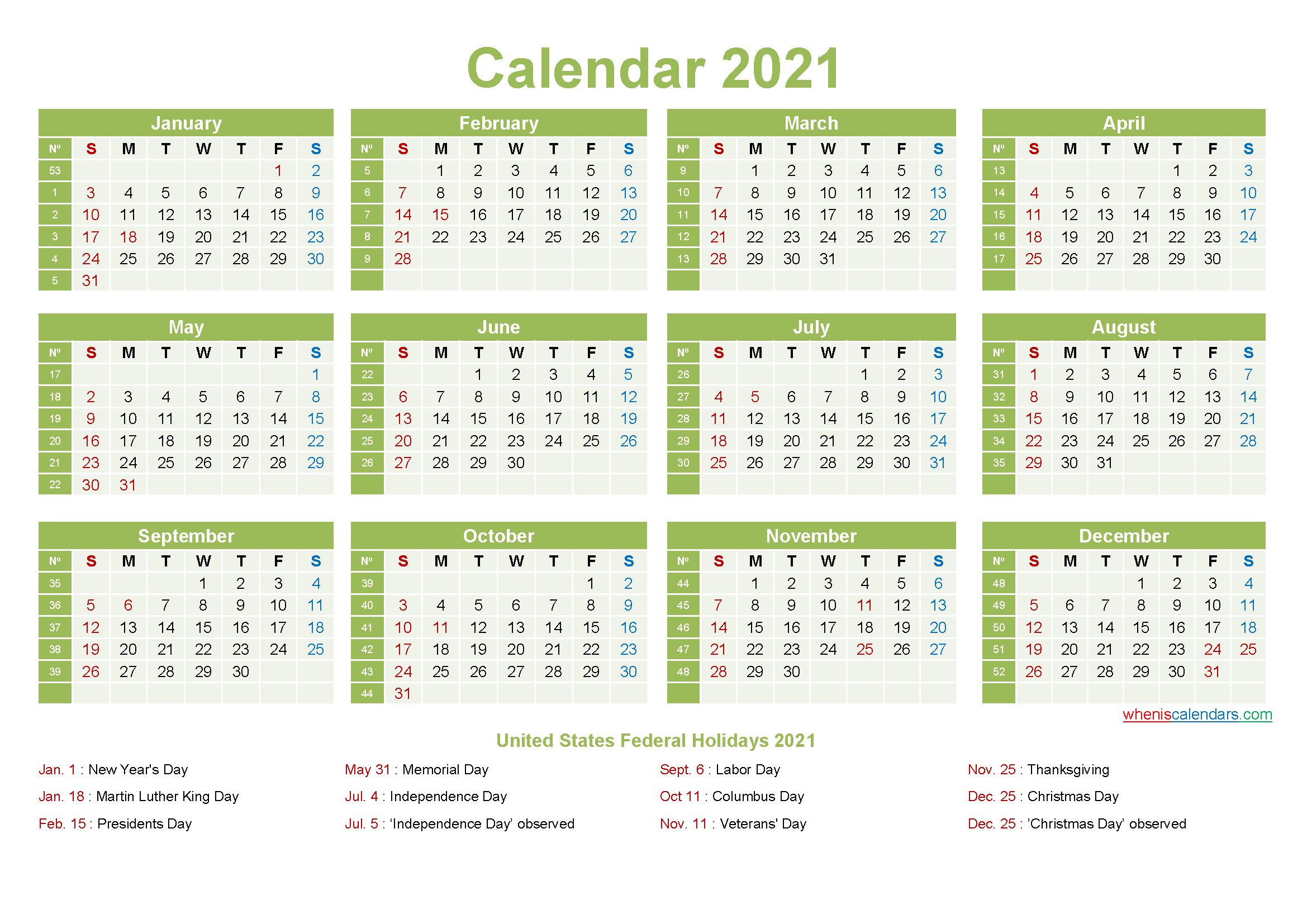 Free 2021 Printable Calendar With Holidays-Free Printable 2021 Calendar