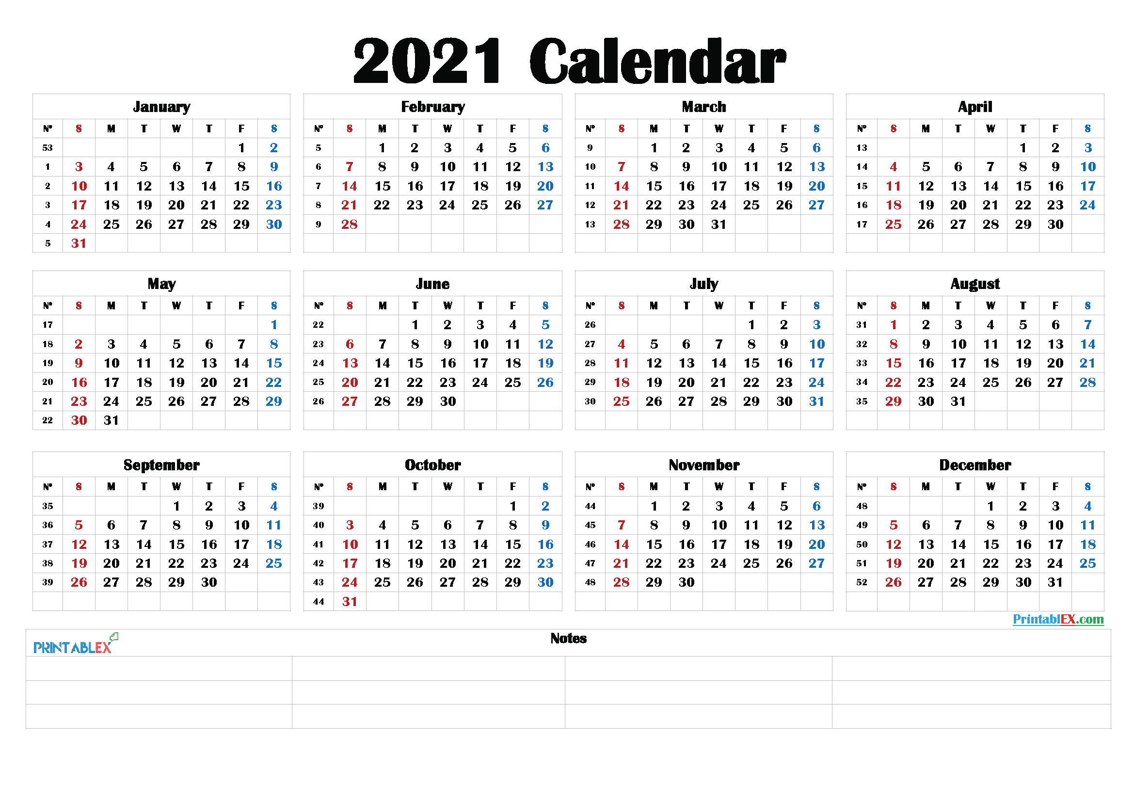 Free 2021 Yearly Calender Template : 2021 Printable Yearly-2021 Yearly Calendar Printable Free With Notes