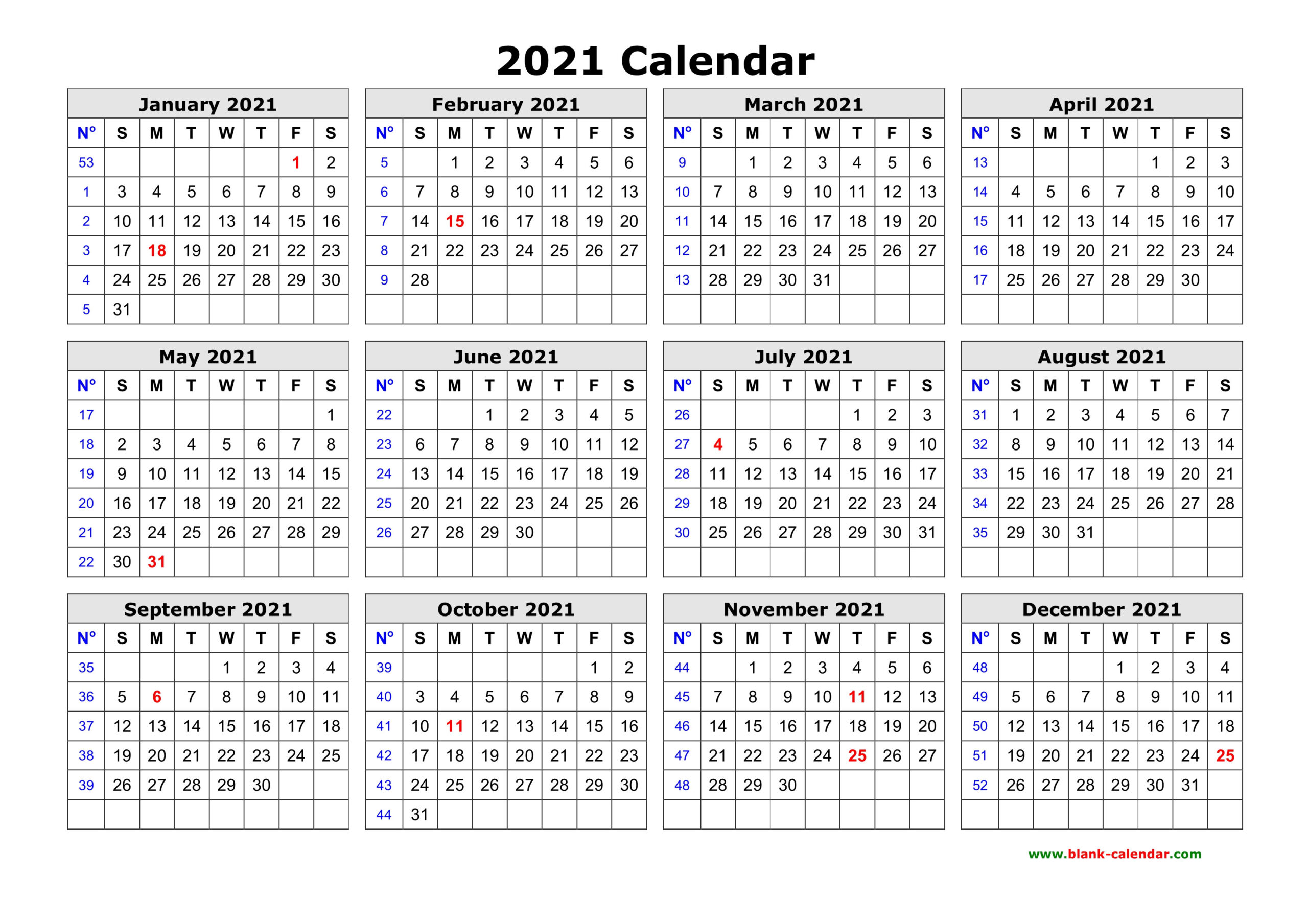 Free Download Printable Calendar 2021 In One Page, Clean-12 Month Calendar 2021 Printable