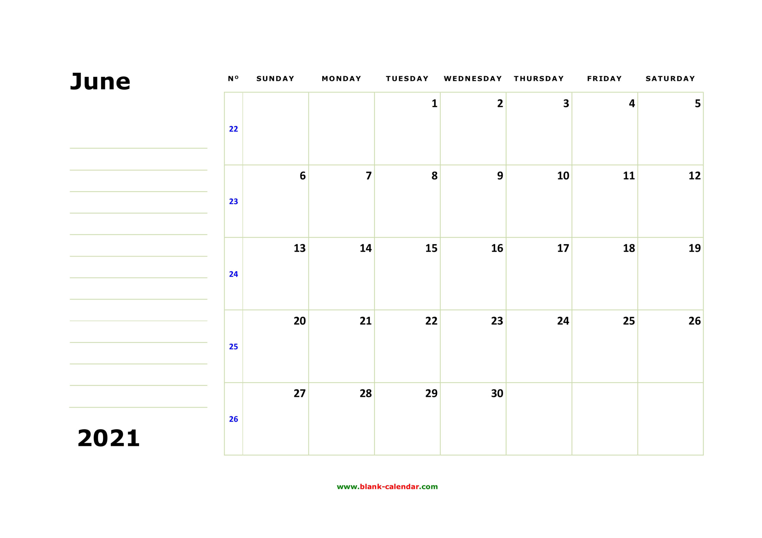 Free Download Printable June 2021 Calendar, Large Box-June 2021 Calendar