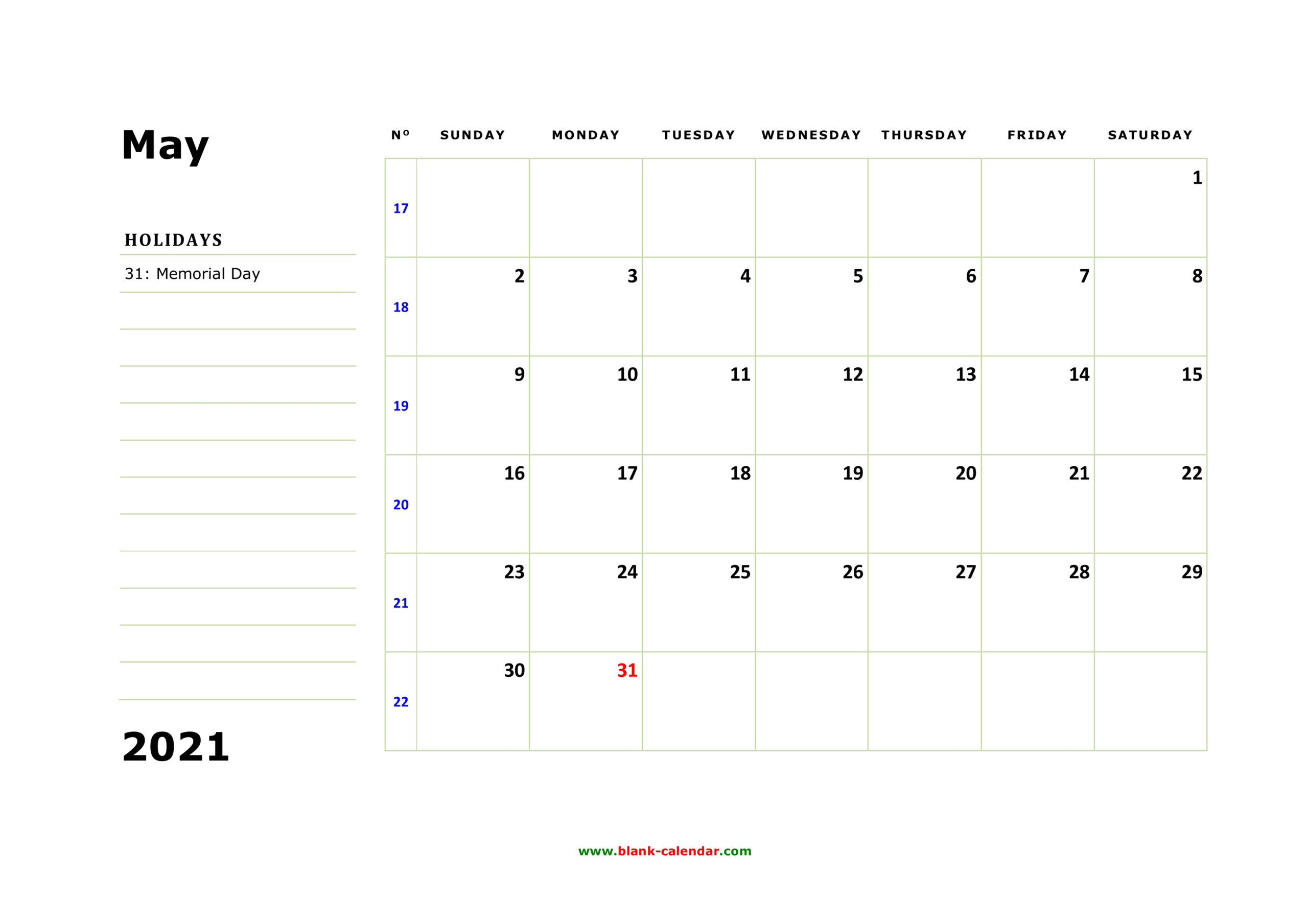 Free Download Printable May 2021 Calendar, Large Box-Print Free Calendars Without Downloading 2021