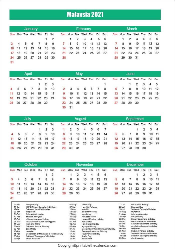 Free Malaysia Calendar 2021 | Printable The Calendar-Islamic Festivals And Holidays 2021