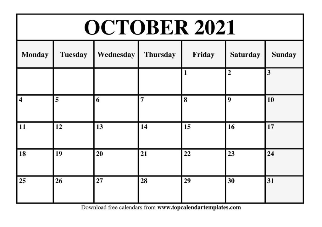Free October 2021 Calendar Printable - Blank Templates-Printable Blank Monthly Calendar August 2021
