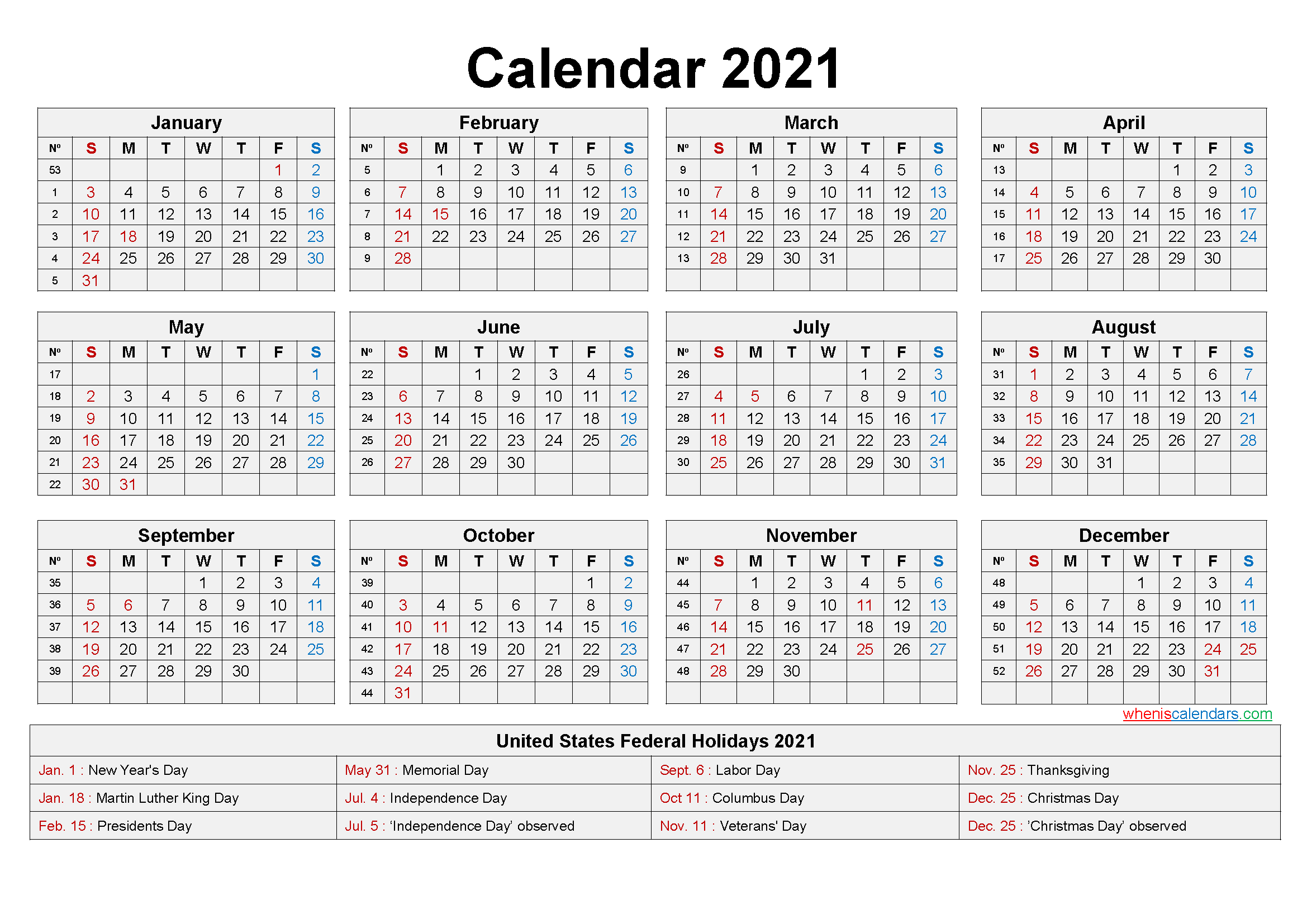 Free Printable 2021 Monthly Calendar With Us Holidays-Free Printable 2021 Calendar