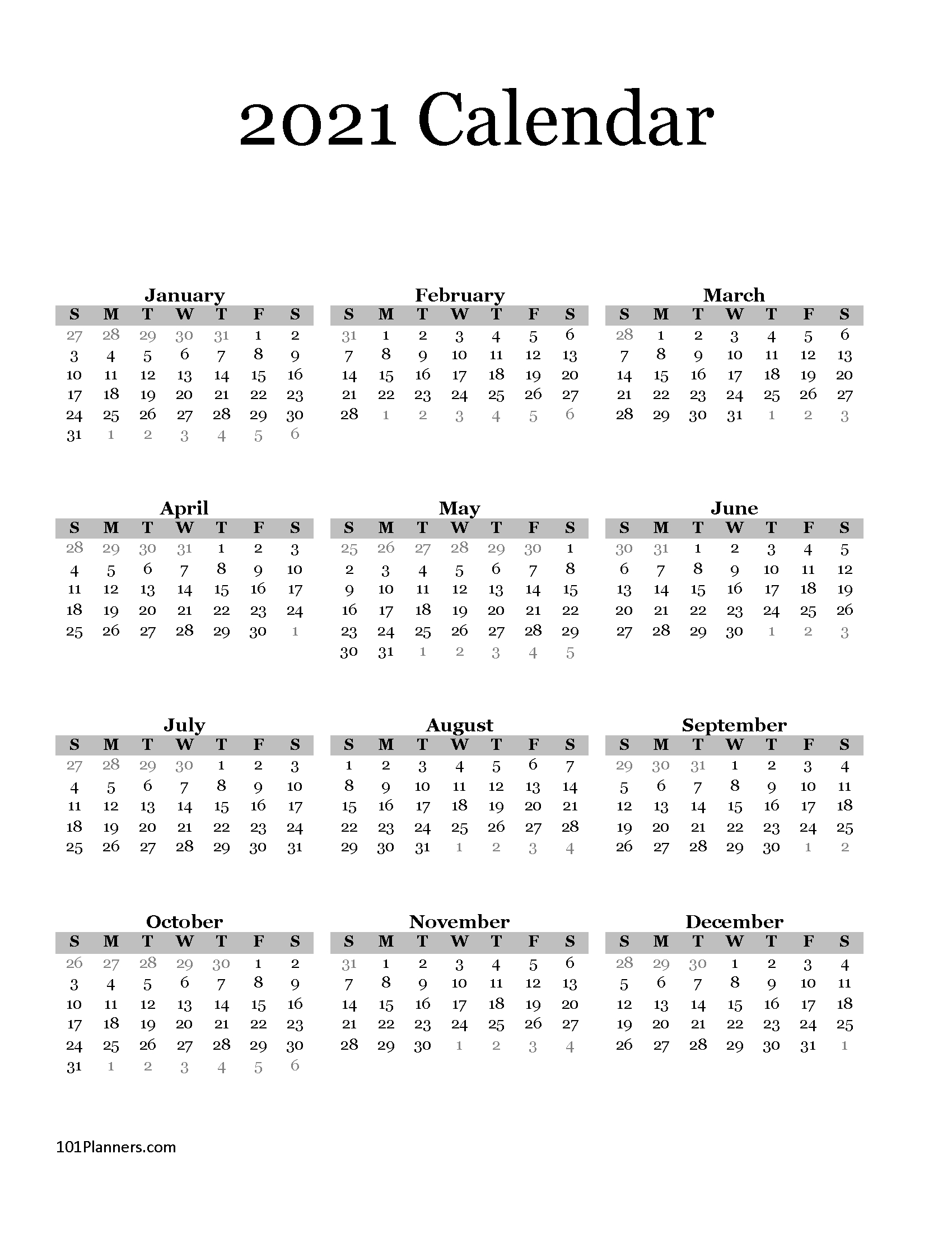 Free Printable 2021 Yearly Calendar At A Glance | 101-Printable 2021 Yearly Calendar Free Pdf