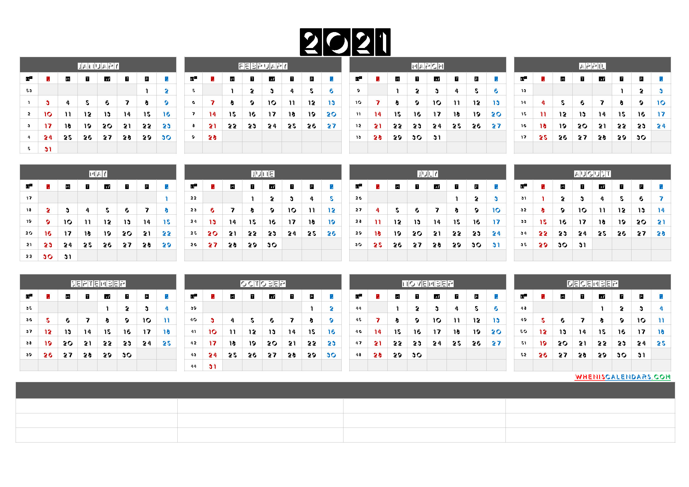 Free Printable 2021 Yearly Calendar With Week Numbers (6-2021 Annual Calendar Printable