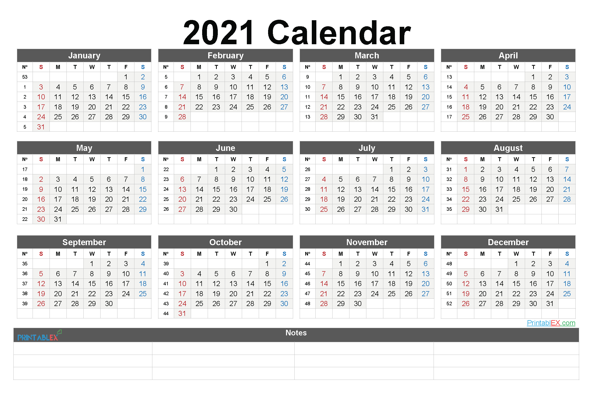 Free Printable 2021 Yearly Calendar With Week Numbers-Fillable Calendar 2021-2021 Year