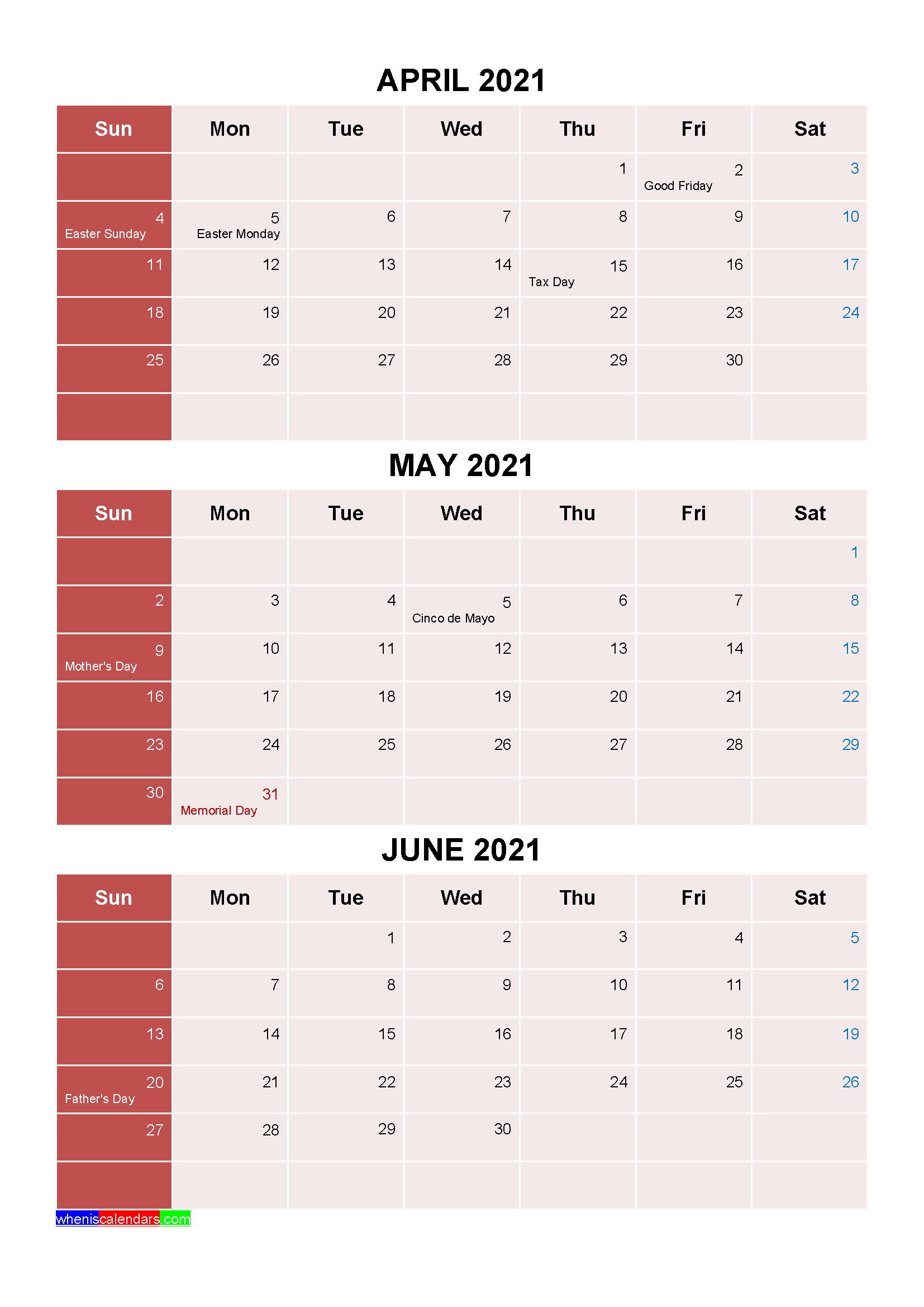 Free Printable April May June 2021 Calendar 3 Months 1-3 Month Printable Calendar Templates 2021
