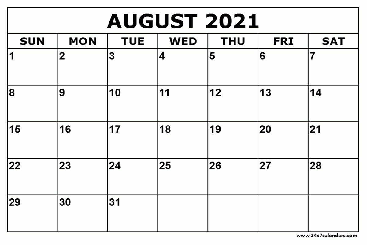 Free Printable August 2021 Calendar : 24X7Calendars-August 2021 Calendar Print