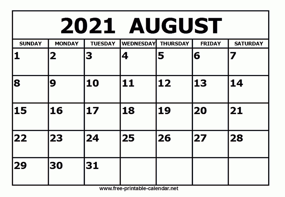 Free Printable August 2021 Calendar-Free Printable Monthly Calender 2021