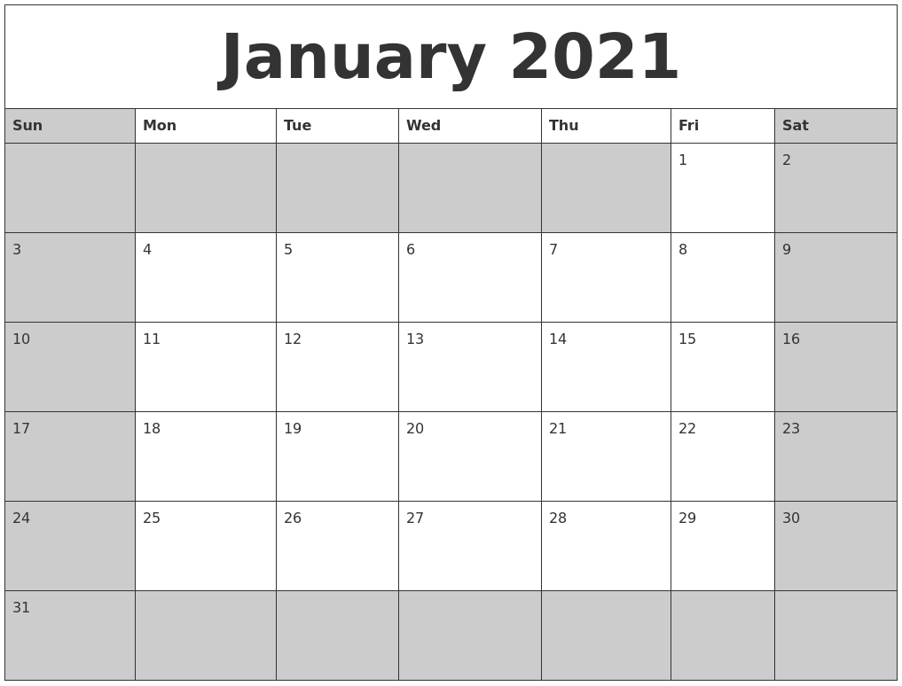 Free Printable Calendar 2021 January Monthly - Web Galaxy-Fill In Calendar January 2021