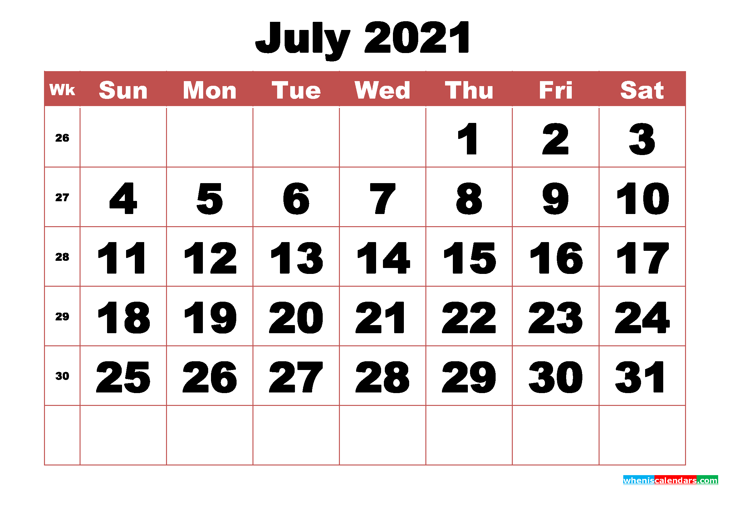 Free Printable July 2021 Calendar With Week Numbers - Free-July 2021 Calendar