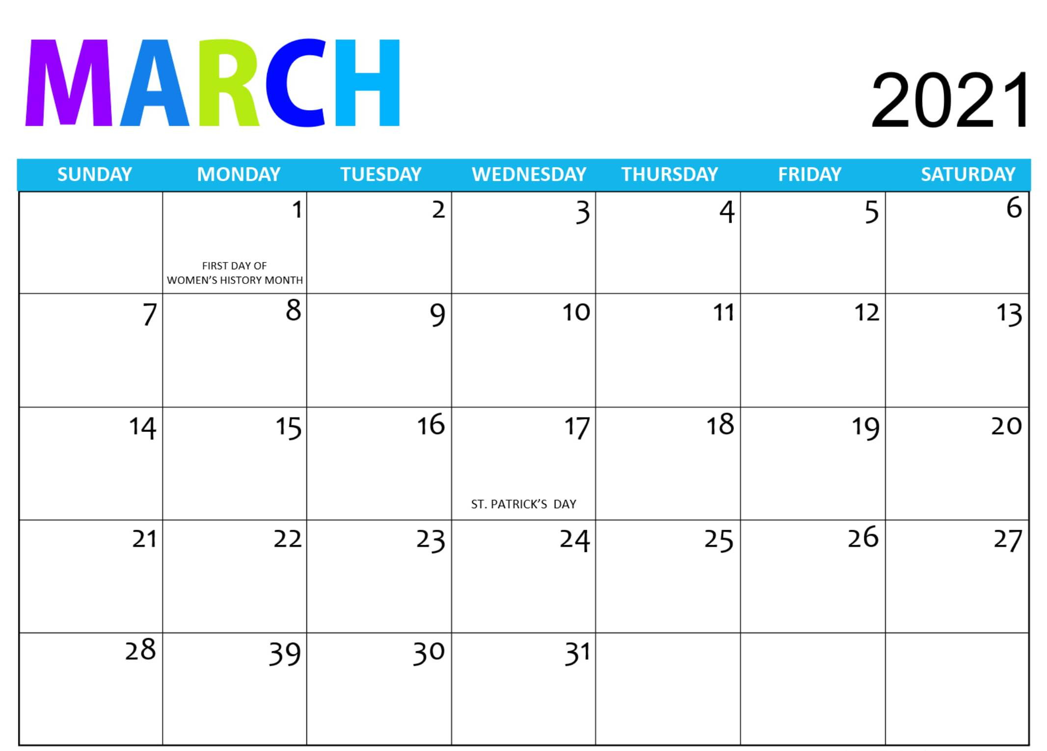 Free Printable March 2021 Calendar Pages Sheets - One-Printable Bill Calendar 2021