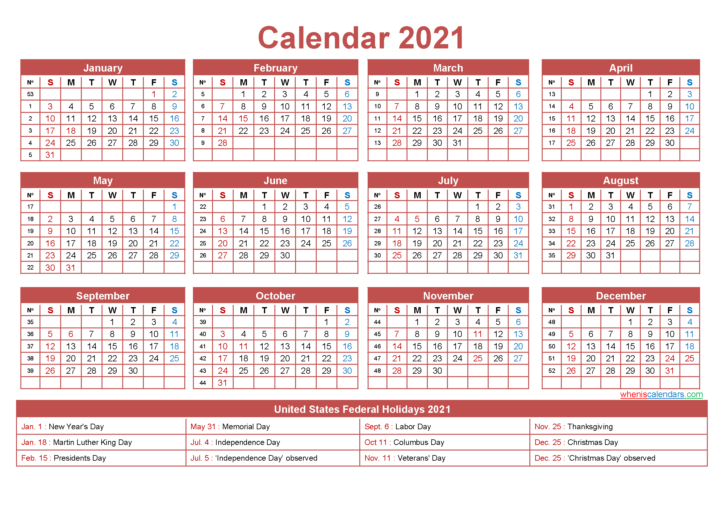 Free Printable Yearly 2021 Calendar With Holidays As Word-Free Printable Monthly Calender 2021